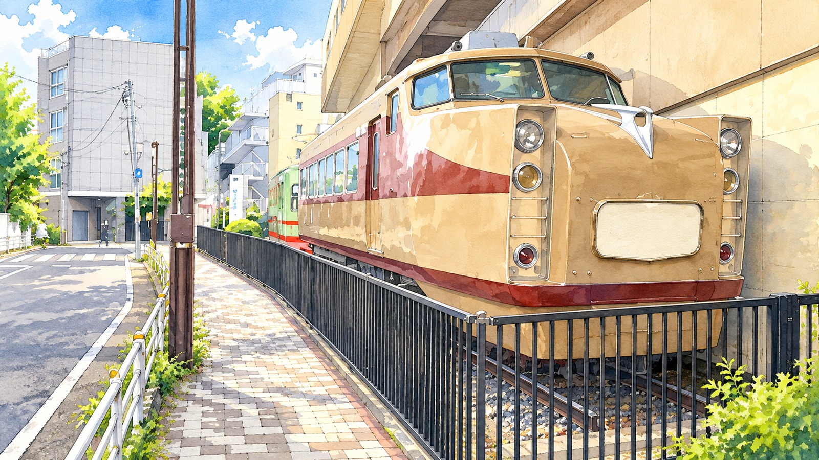 東武博物館の屋外に保存された1720系車両を描いたイラスト