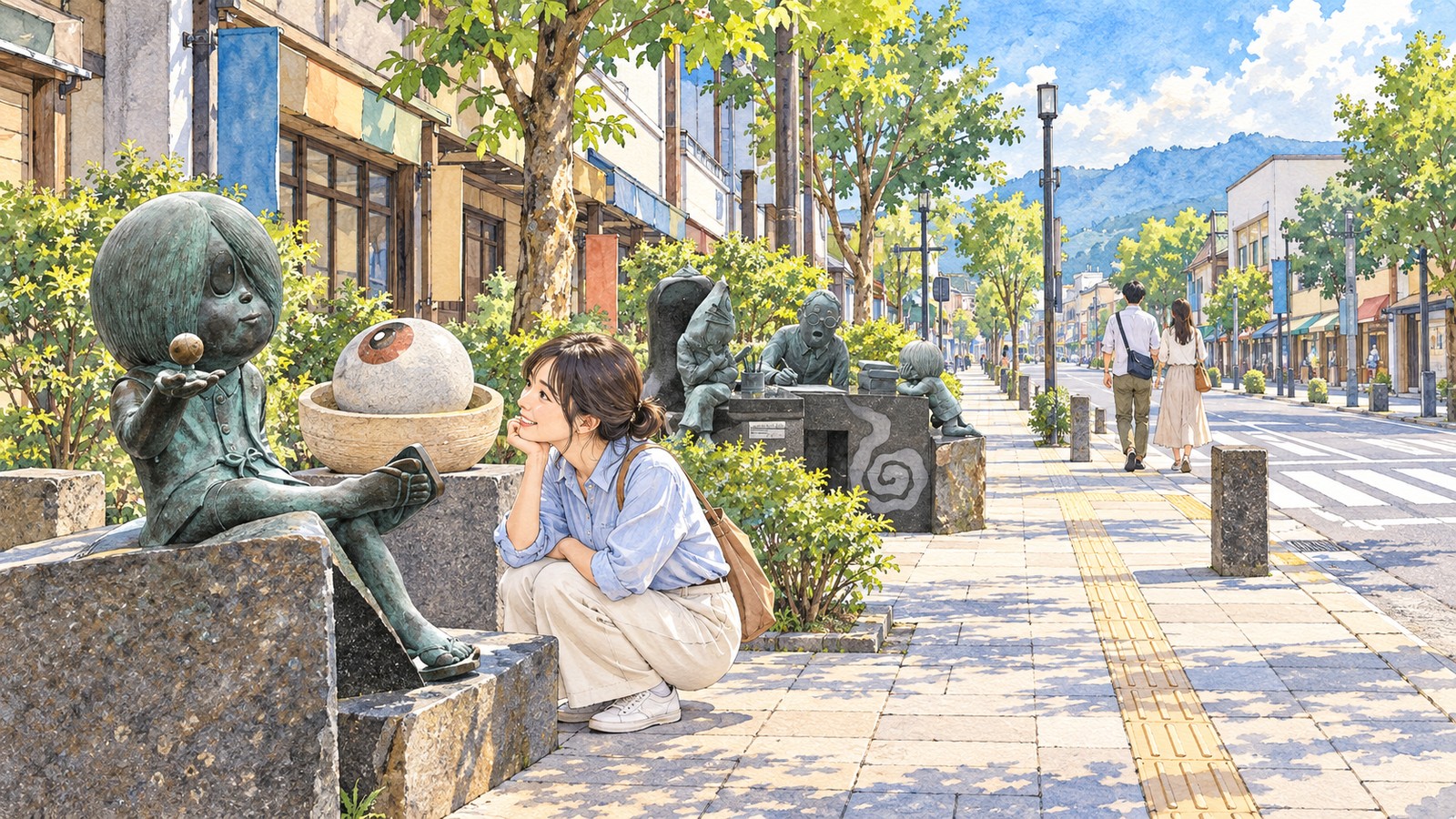 水木しげるロードに並ぶ鬼太郎や目玉おやじのブロンズ像と、像をのぞき込む女性のイラスト