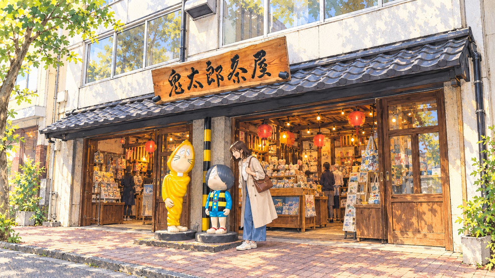 「鬼太郎茶屋」の看板の下、鬼太郎とねずみ男の像の前でほほえむ女性のイラスト