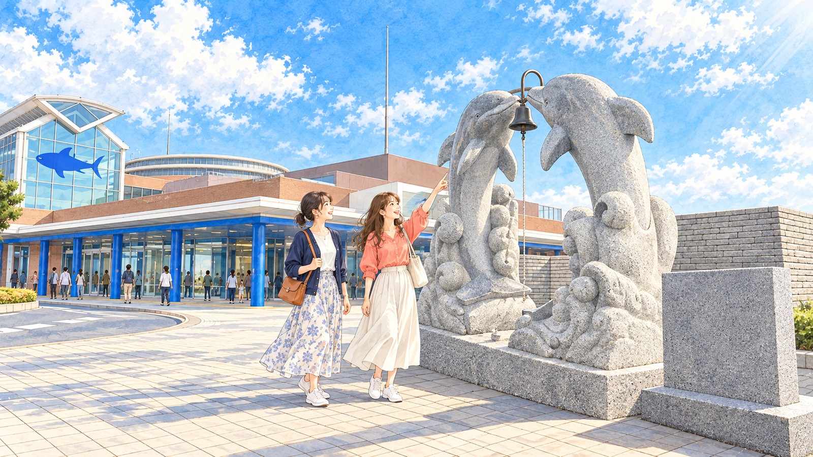 アクアワールド大洗の前で「出逢いの鐘」のイルカ像を指さす二人の女性のイラスト