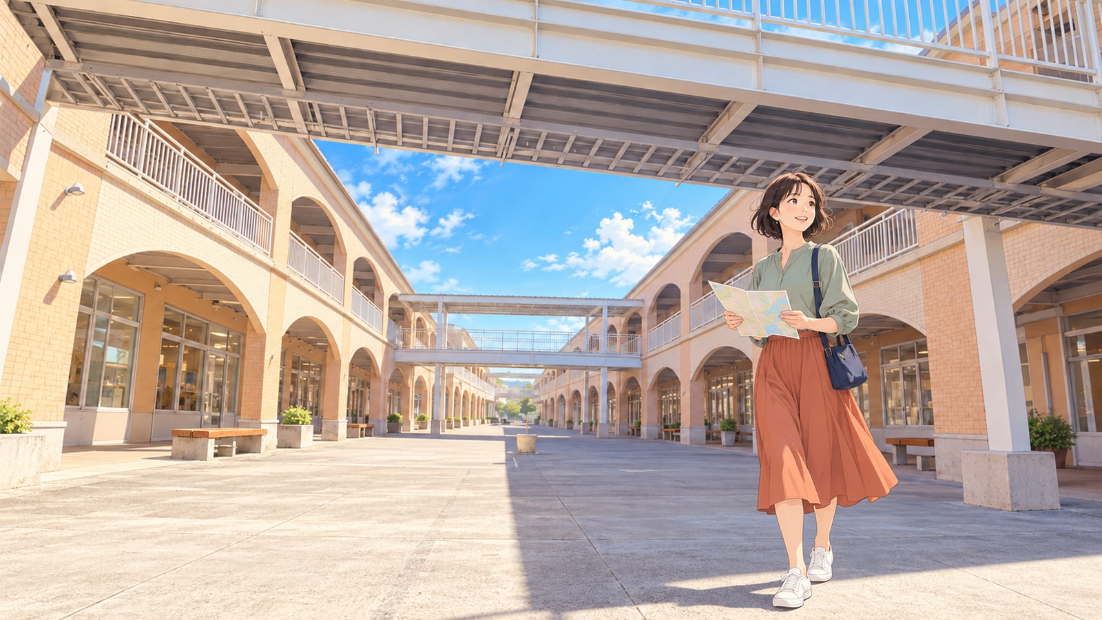 大洗シーサイドステーションの煉瓦のアーケードと、地図を持つ女性のイラスト