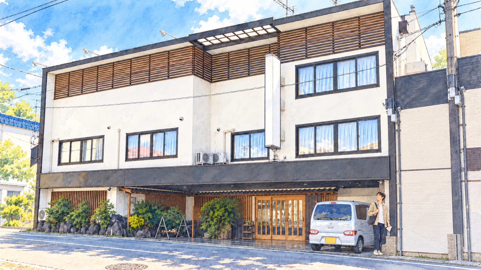 曲がり松商店街にある肴屋本店の白壁と黒い庇、手前の男性のイラスト