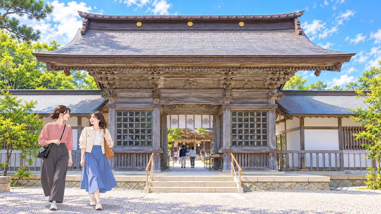 大洗磯前神社の随神門と石段を訪れる二人の女性のイラスト