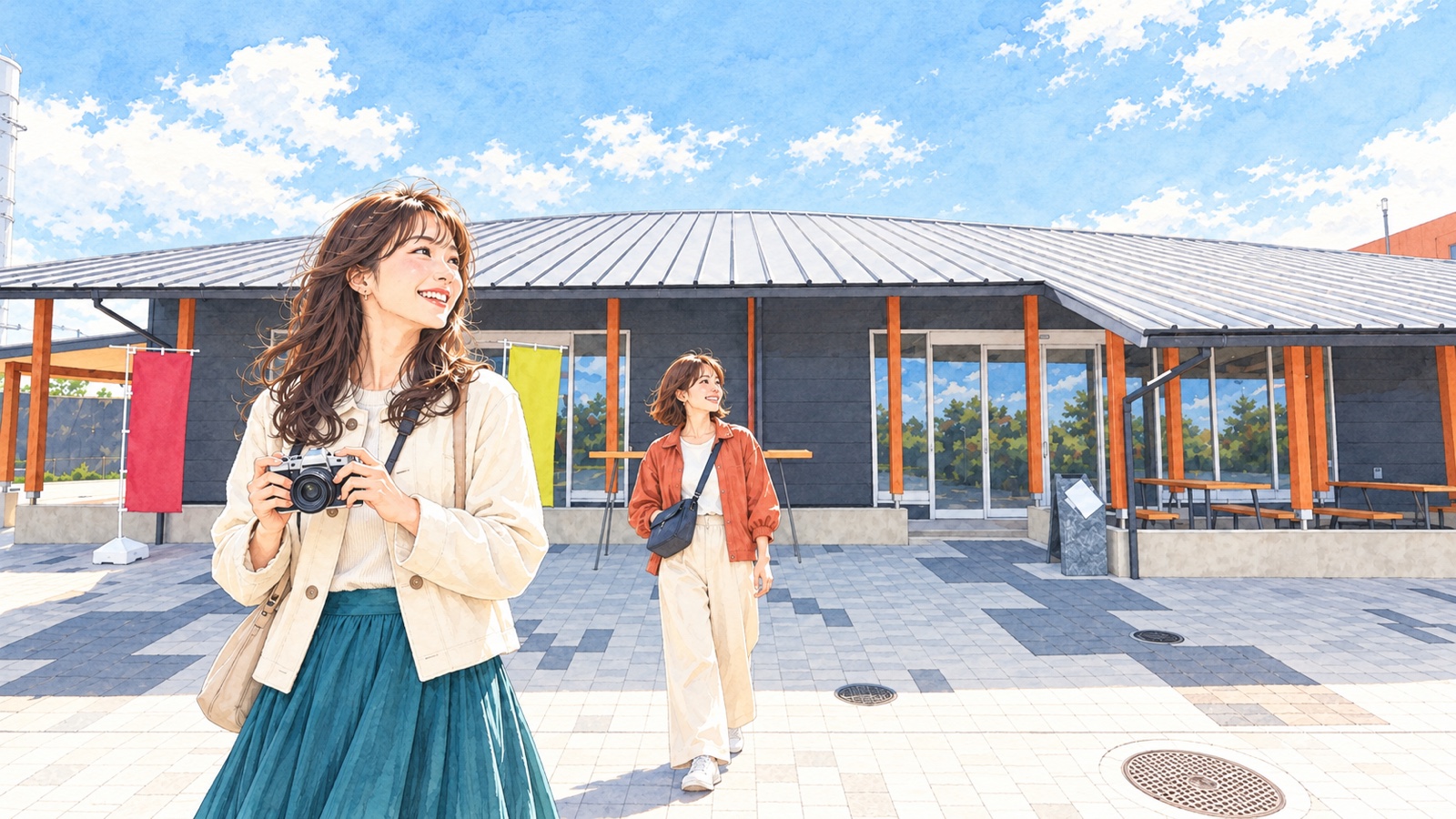 大洗駅隣のうみまちテラスの低い建物と庇、二人の女性のイラスト