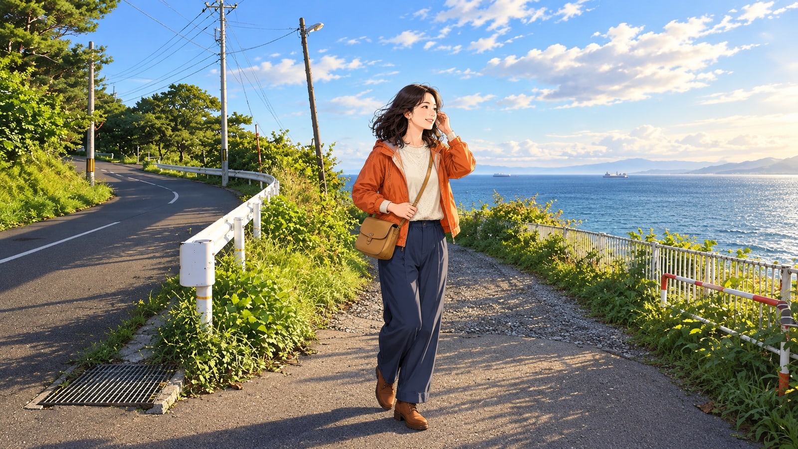 穴澗海岸沿いの曲がる道路と青い海、砂利の道に立つ旅行者のイラスト