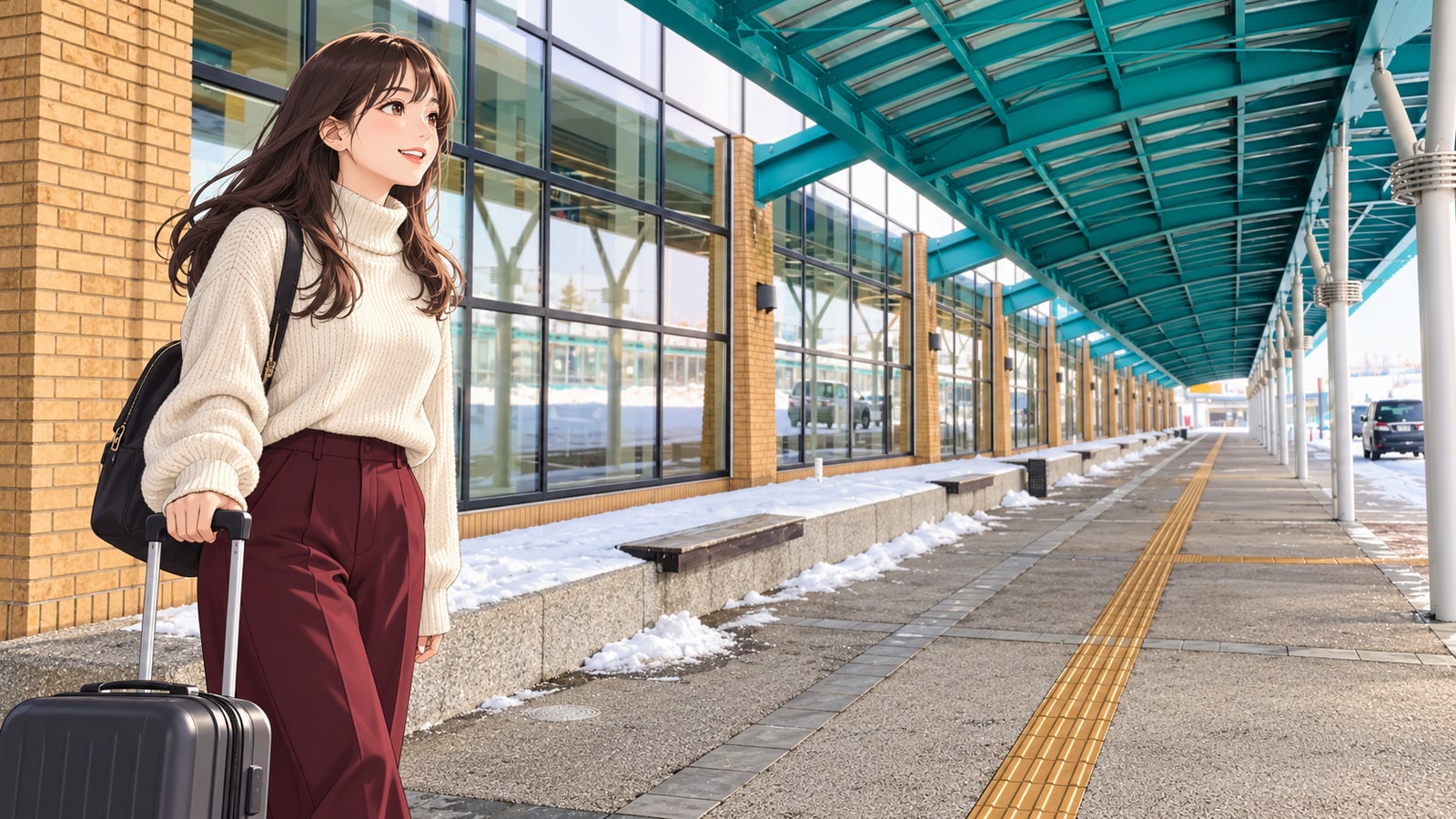 函館空港の青緑色の梁がある庇と、旅行鞄を持つ女性のイラスト