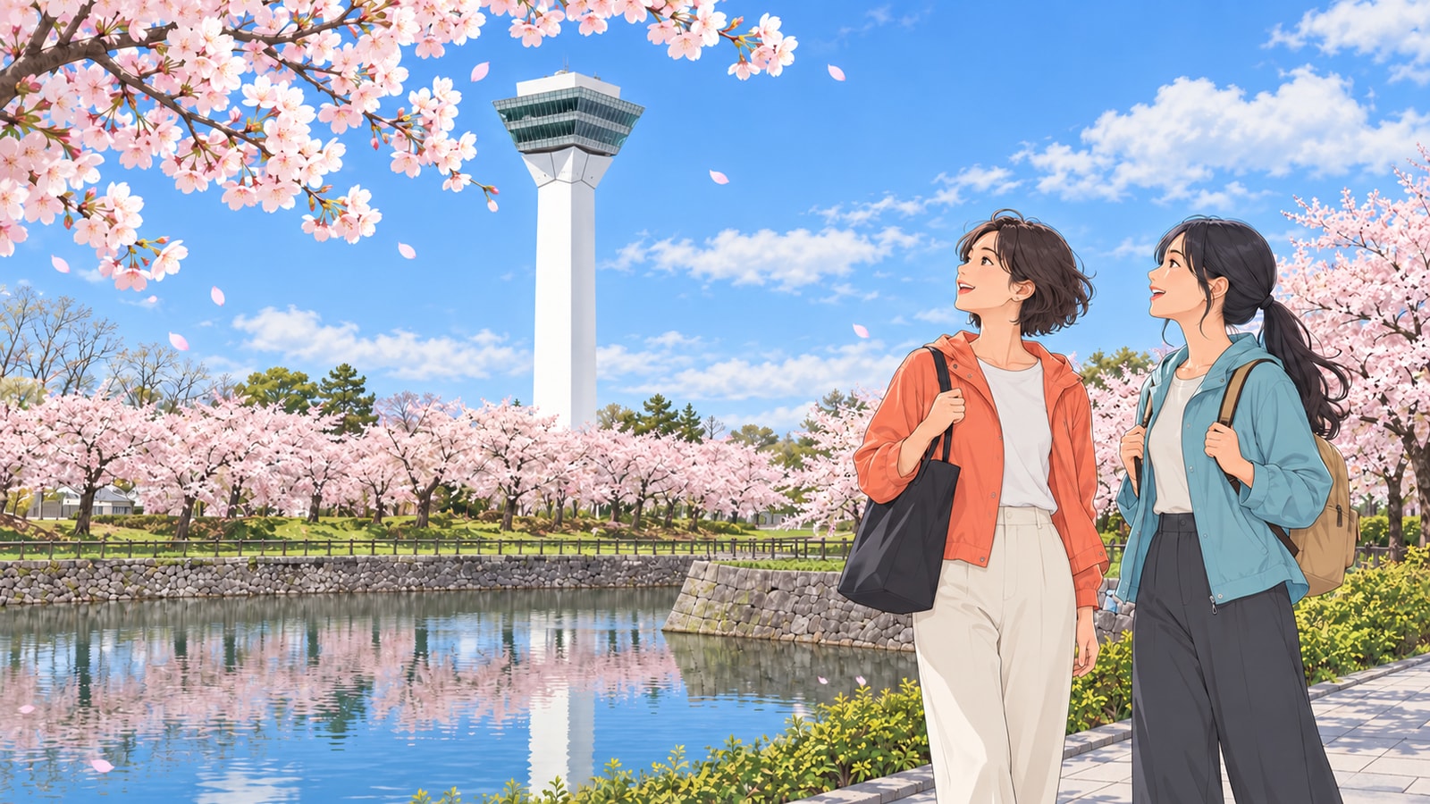 桜と堀越しに五稜郭タワーを眺める二人の旅行者のイラスト