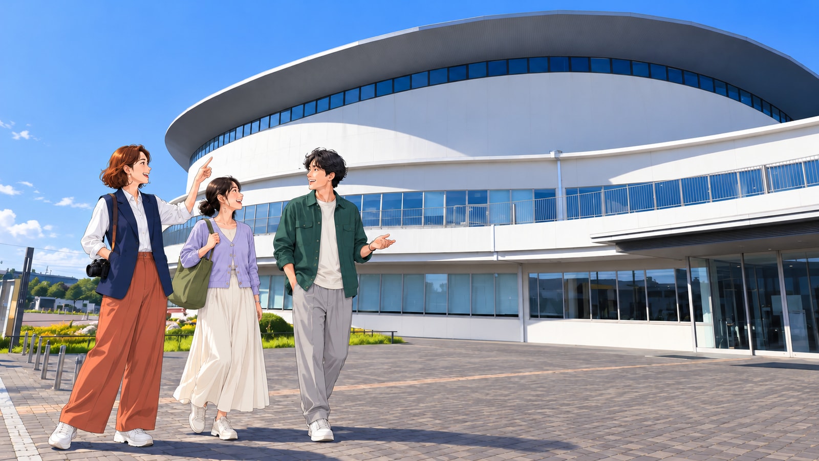 曲面屋根とガラスの帯がある函館アリーナを訪れる三人の旅行者のイラスト