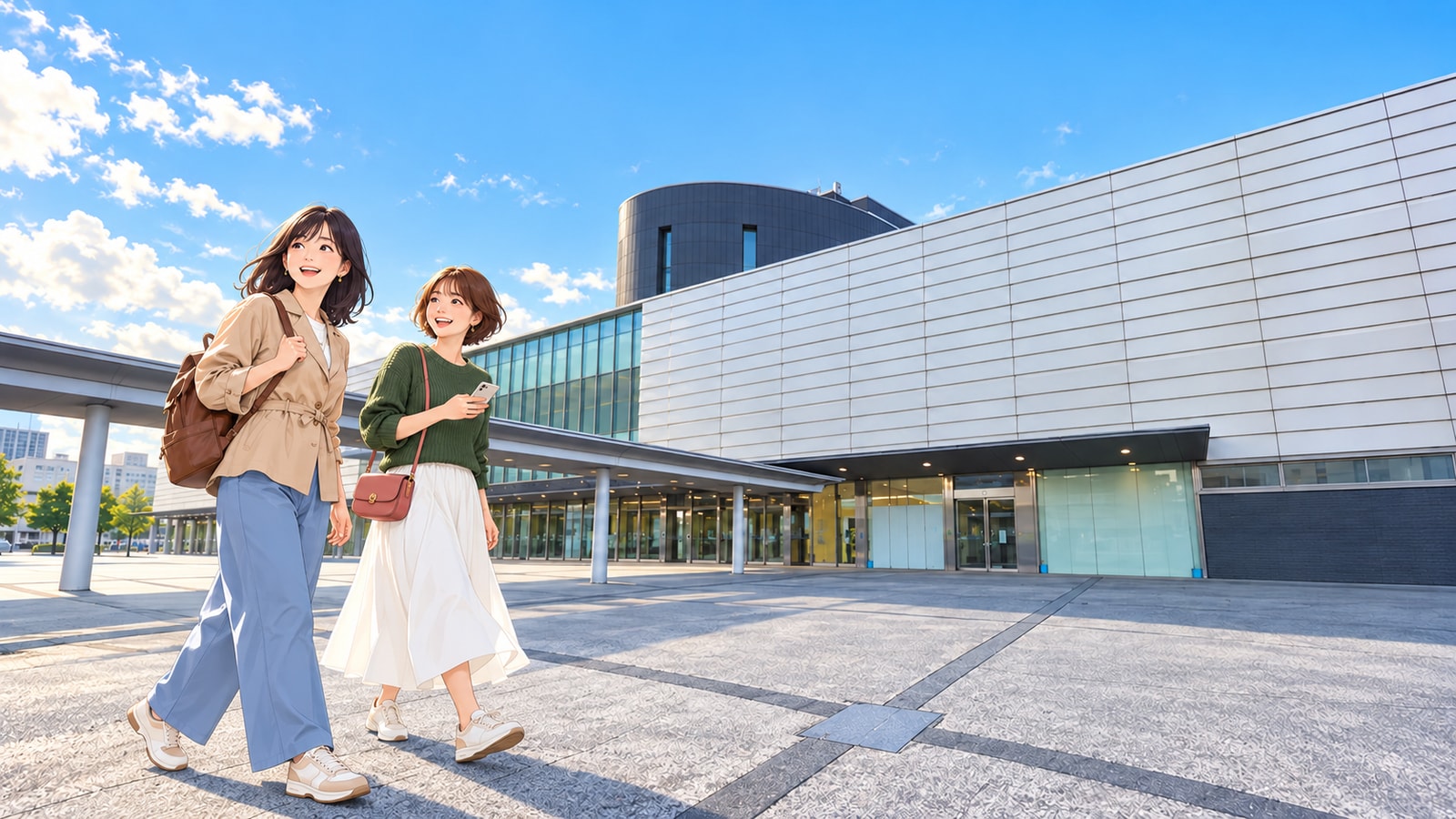 函館駅の白い外壁と駅前広場を訪れる二人の旅行者のイラスト