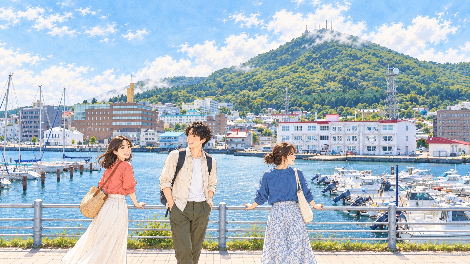 緑の島から函館港越しに山と街並みを眺める三人の旅行者のイラスト