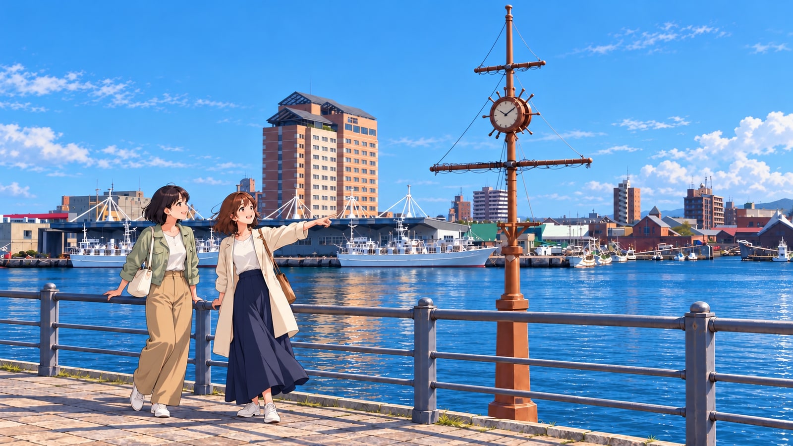 緑の島のマスト形の時計と対岸の街並みを眺める二人の女性のイラスト
