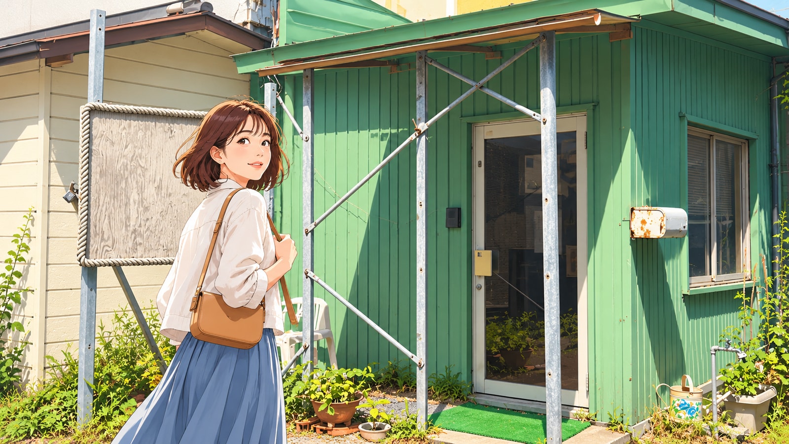 緑色の外壁とガラス扉があるカフェテリア モーリエと、手前の旅行者のイラスト