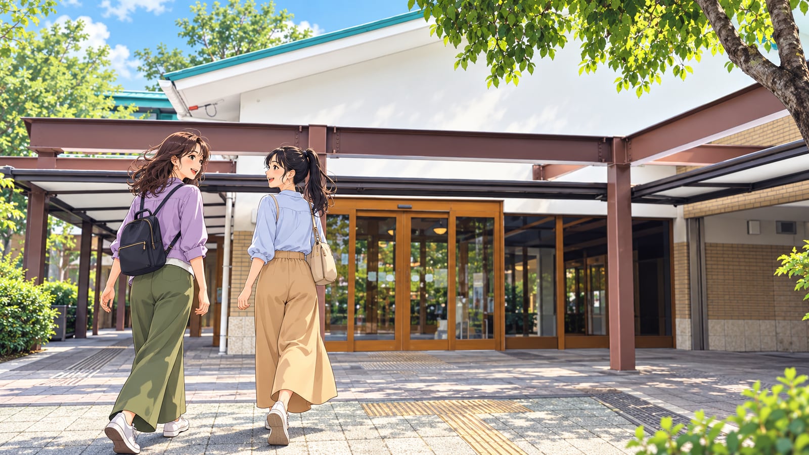 青緑色の屋根と木の庇がある秋保・里センターを訪れる二人の女性のイラスト