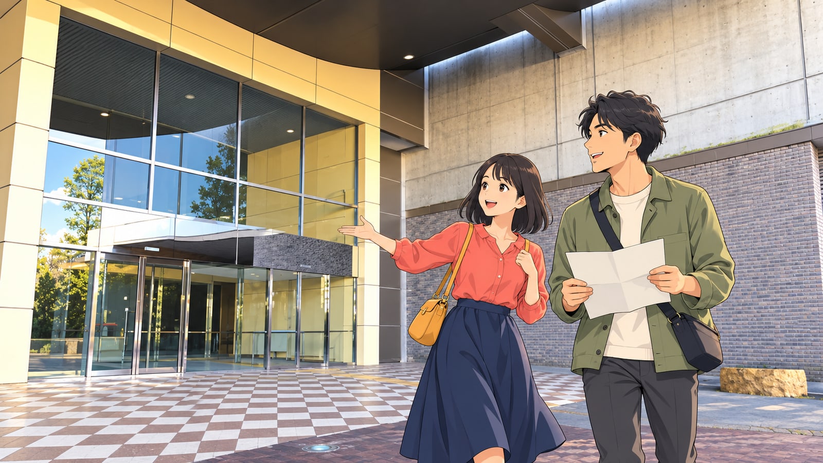 青葉アリーナのガラス張りの正面玄関を訪れる二人の旅行者のイラスト