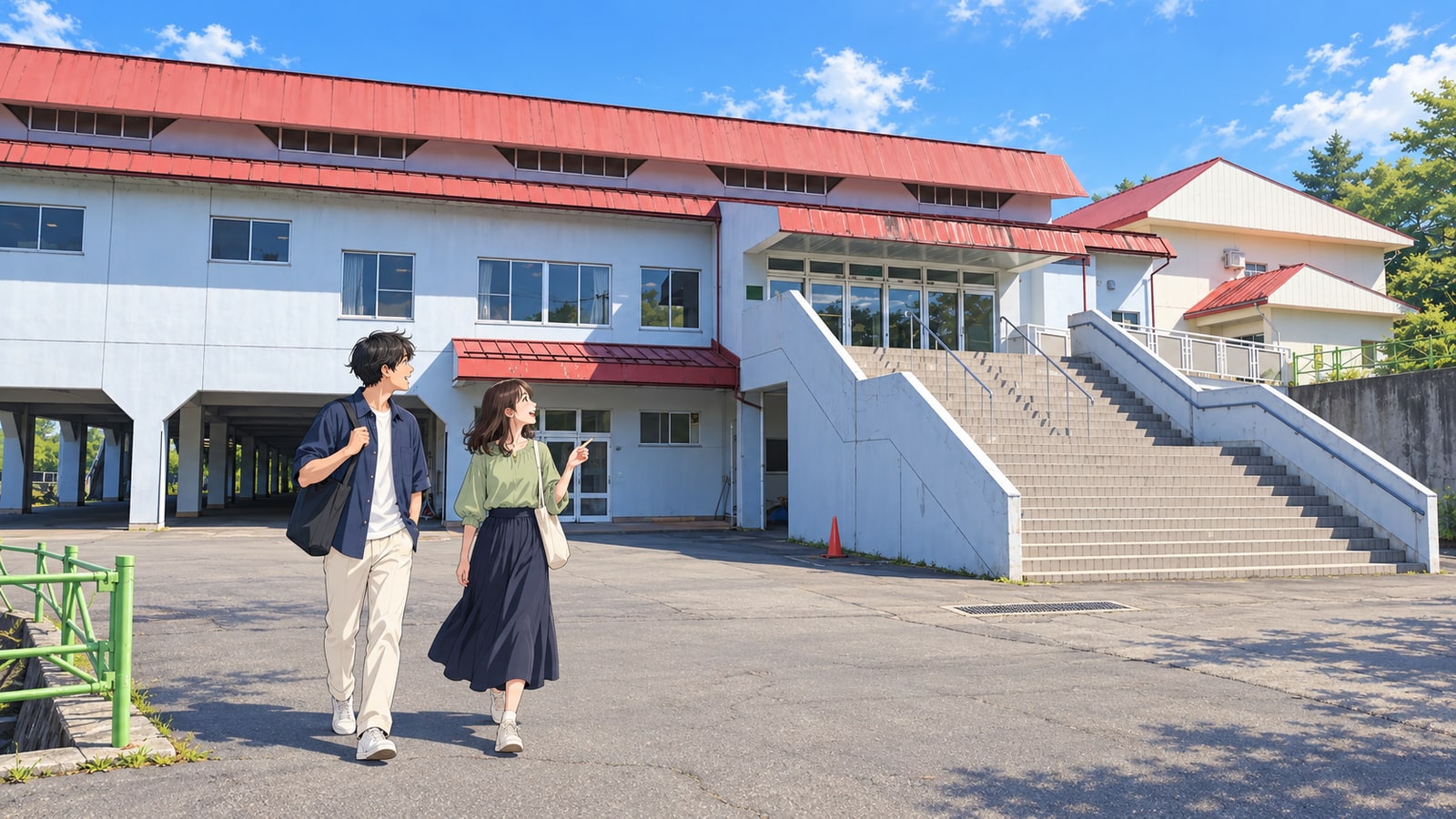軽米町民体育館の赤い屋根と広い外階段を訪れる二人の旅行者のイラスト