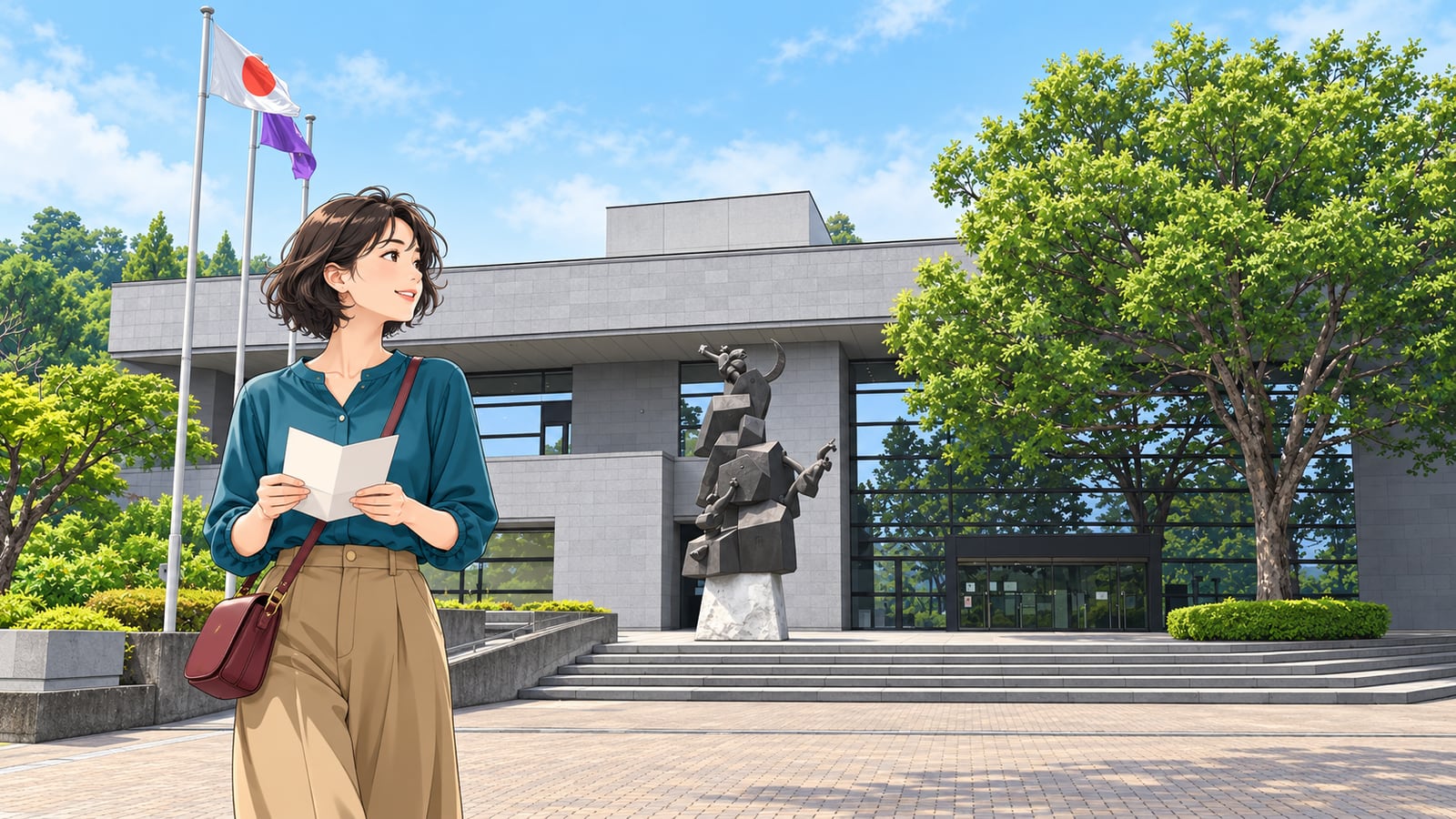 仙台市博物館の石張りの外観と前庭、紙を手にした女性のイラスト
