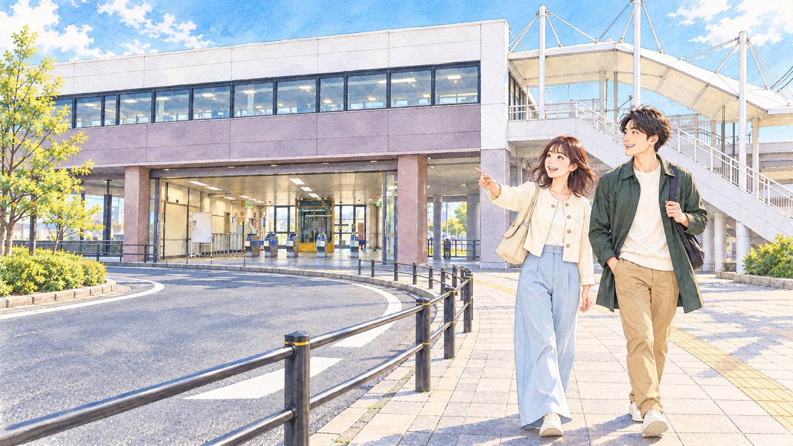 富沢駅の駅舎と庇がある入口へ向かう二人の旅行者のイラスト