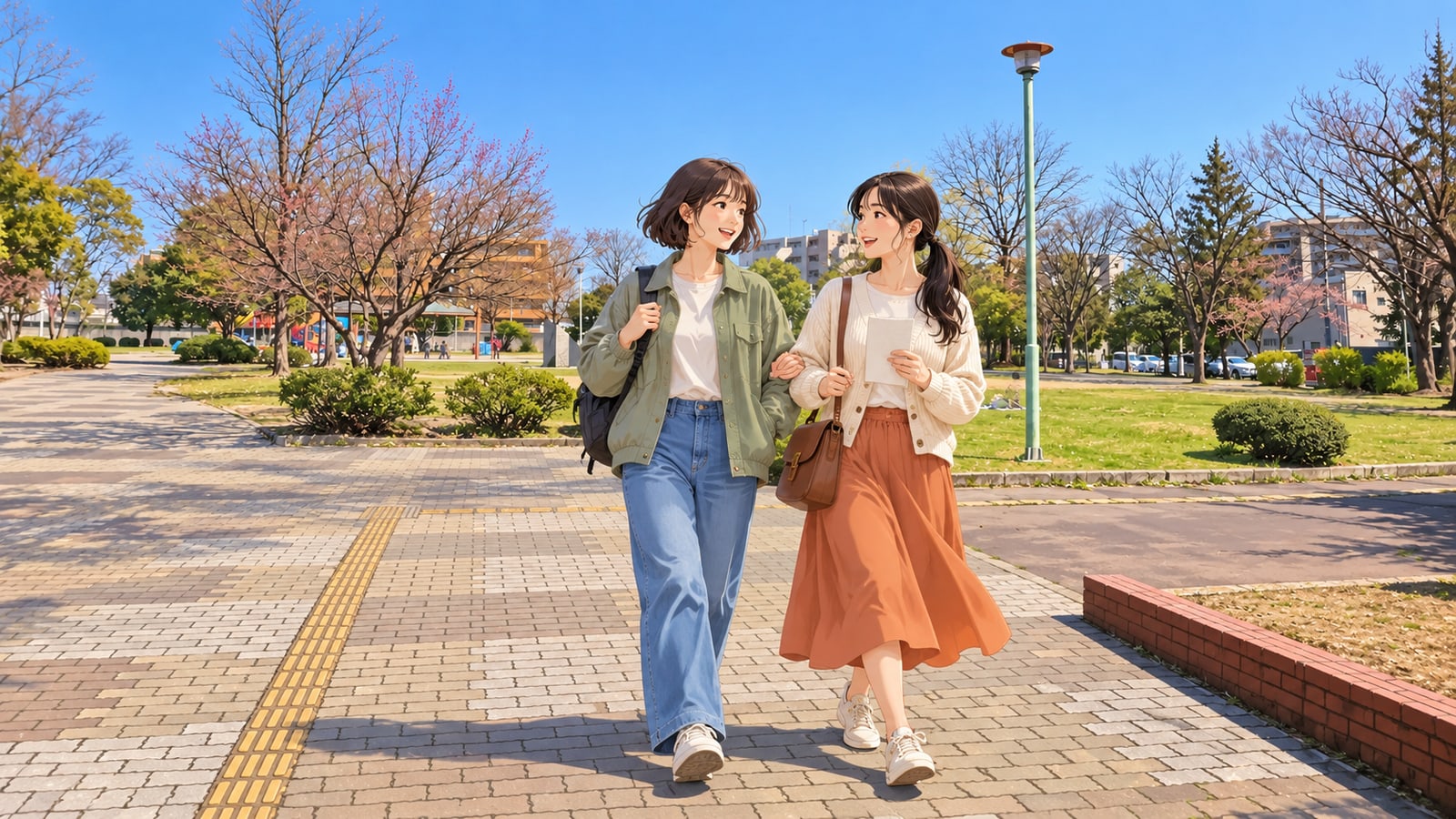 富沢公園の緑の街灯と芝生に沿う園路を歩く二人の女性のイラスト