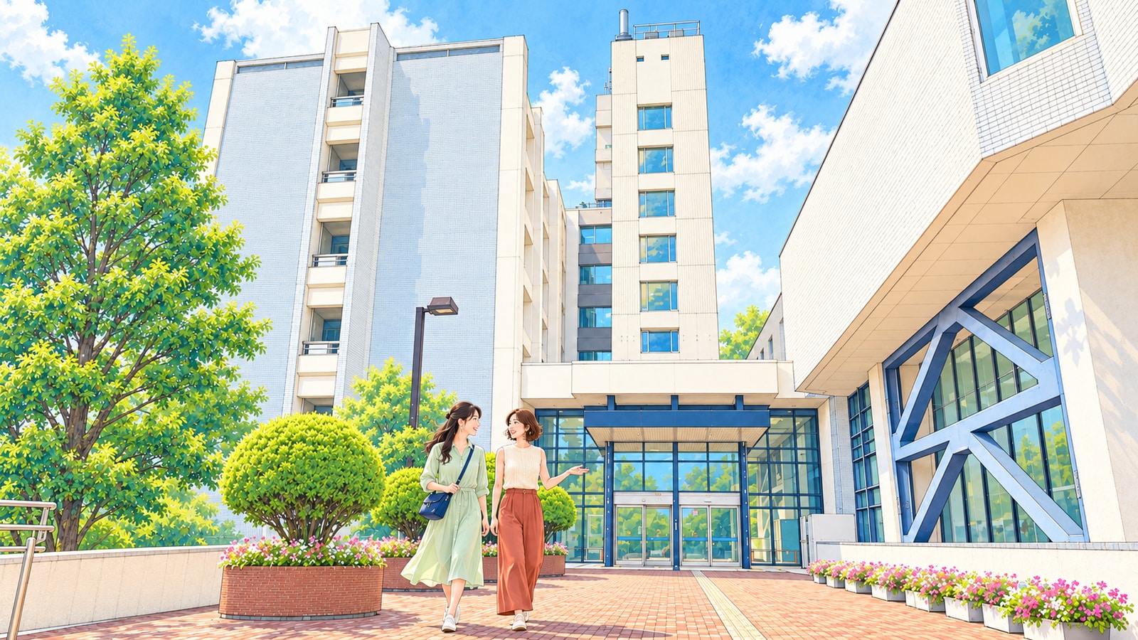 調布市役所の外観と前庭を訪れる二人の女性のイラスト