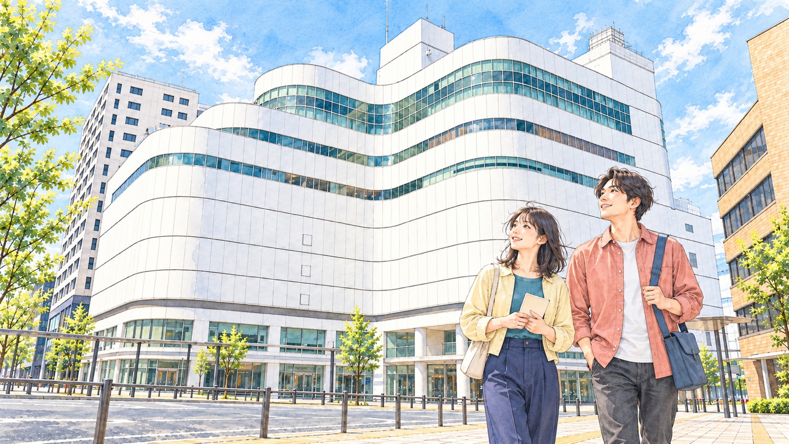 調布PARCOの外観と、前の歩道を歩く二人の旅行者のイラスト