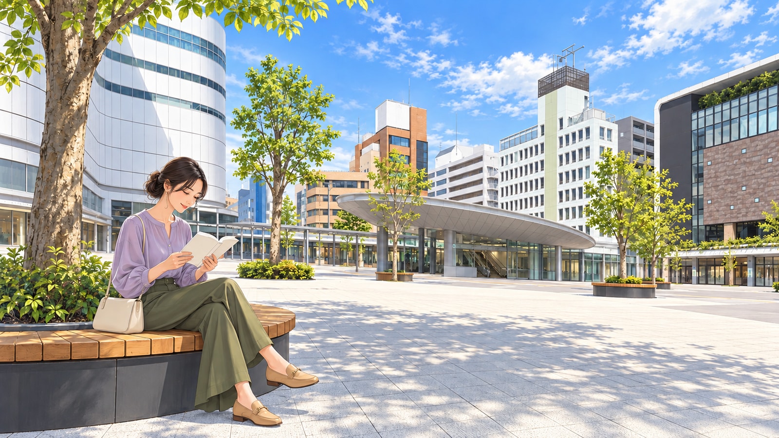 調布駅前広場のベンチで地図を読む女性のイラスト