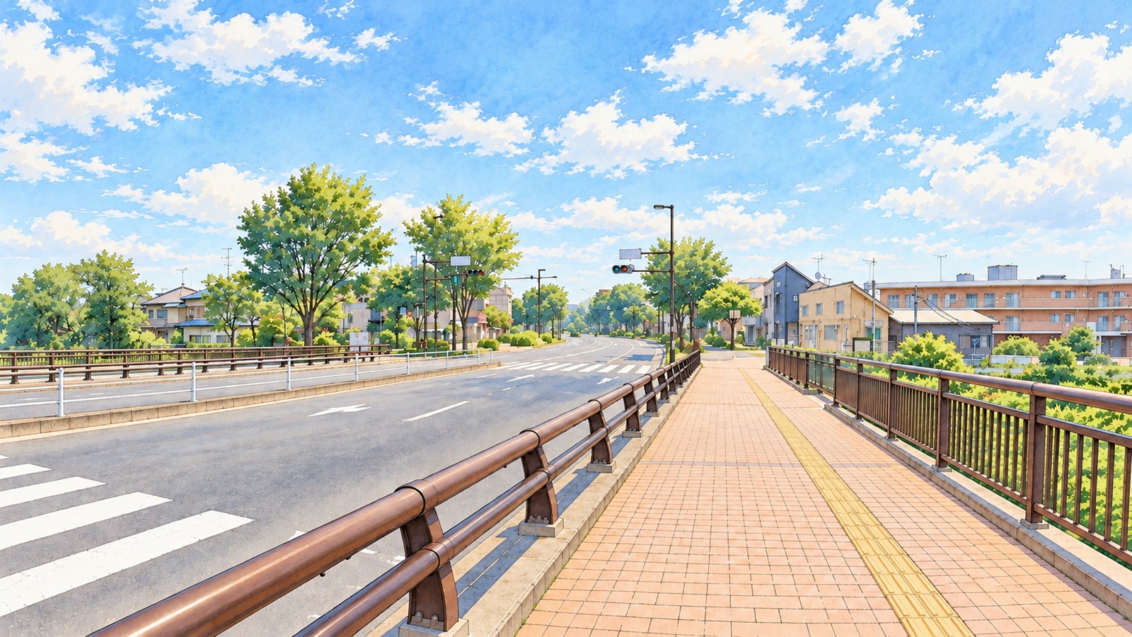 御塔坂橋交差点付近の道路と歩道、欄干を描いたイラスト