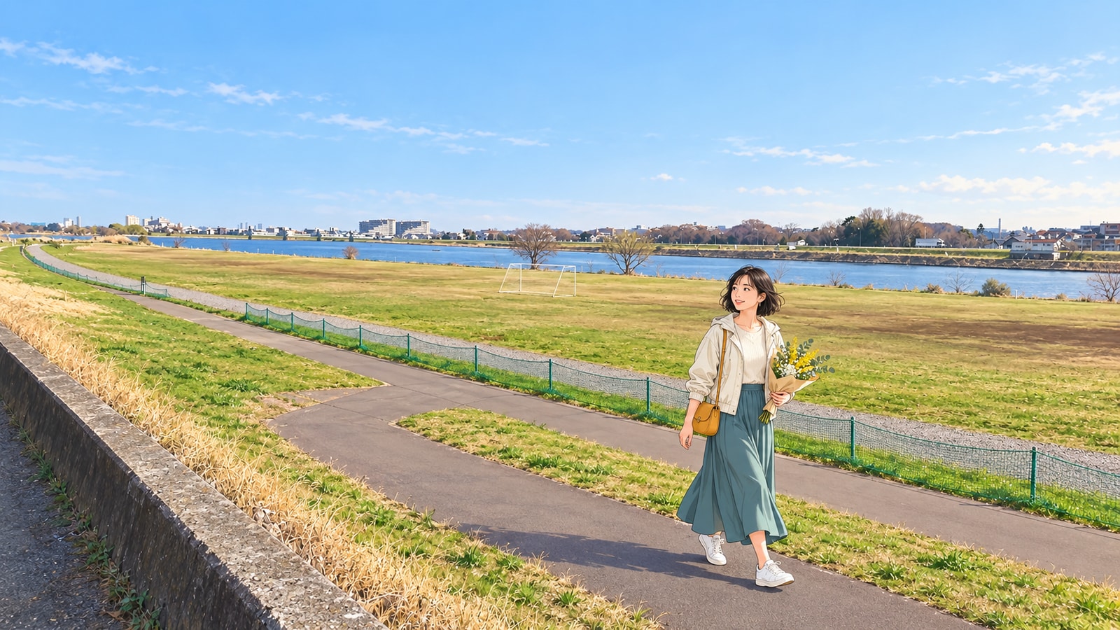 ちょうふ多摩川おさんぽロードの川沿いの道を歩く女性のイラスト
