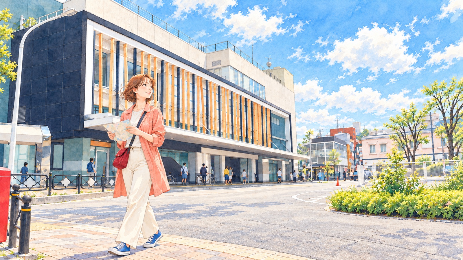 つつじヶ丘駅北側の駅前道路を歩く女性のイラスト