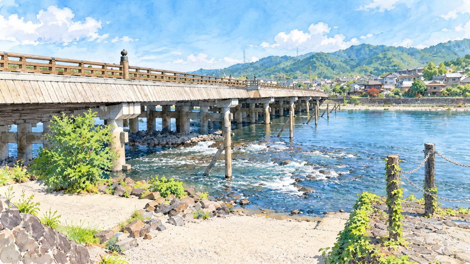 宇治川の岸辺から見た宇治橋