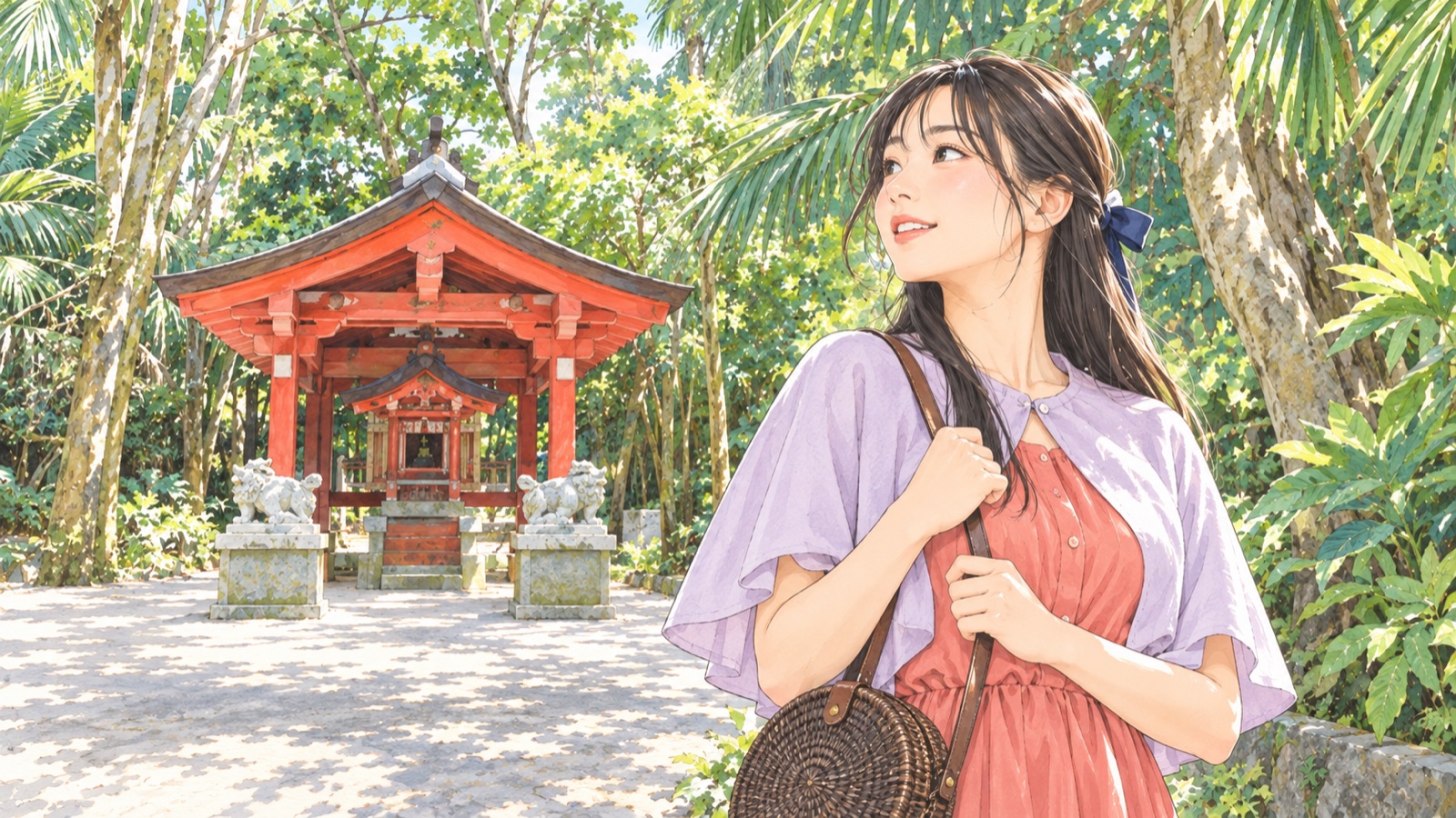 青島神社を訪ねる女性のイラスト
