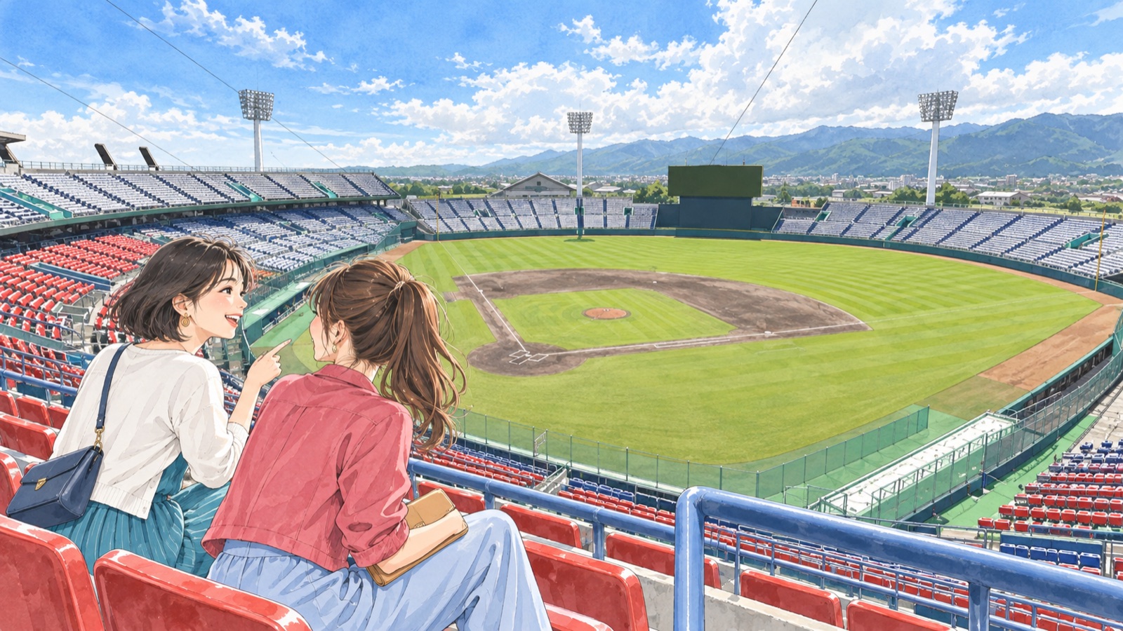 サンマリンスタジアムの観客席を訪ねる二人の女性のイラスト