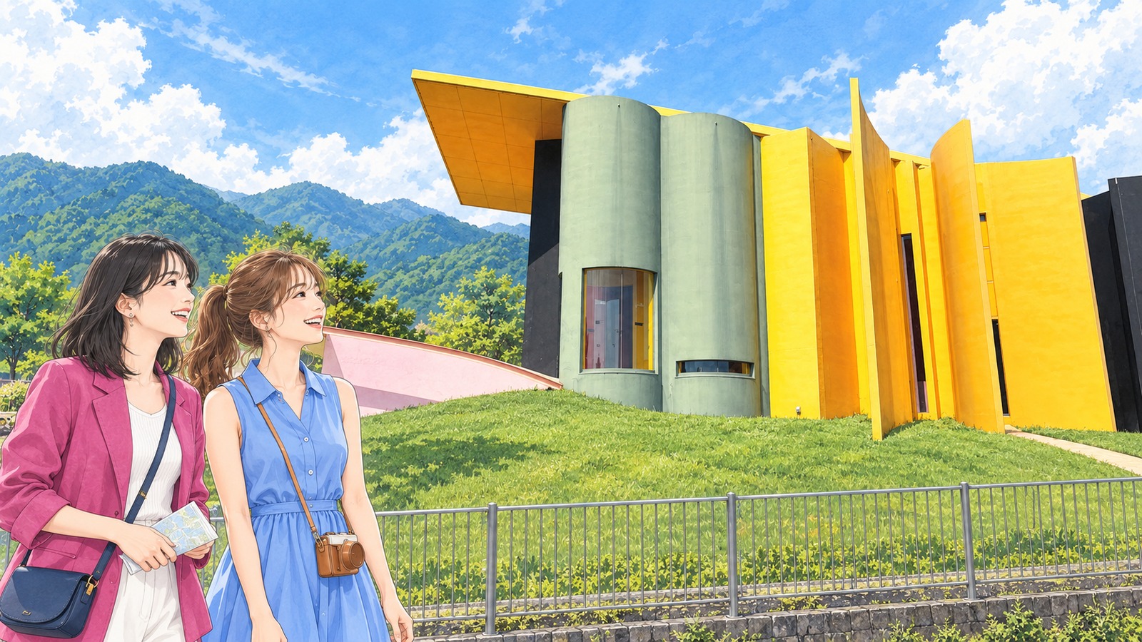 養老天命反転地の色鮮やかな建物と起伏を眺めるイラスト