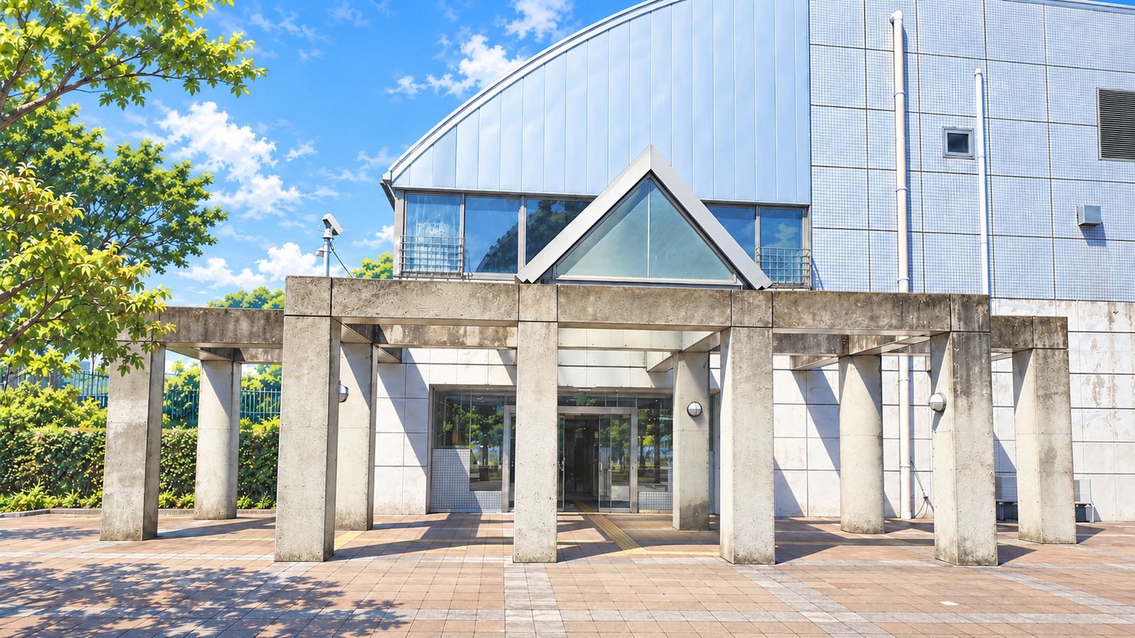 秋葉台公園プールの銀色の建物を訪ねるイラスト