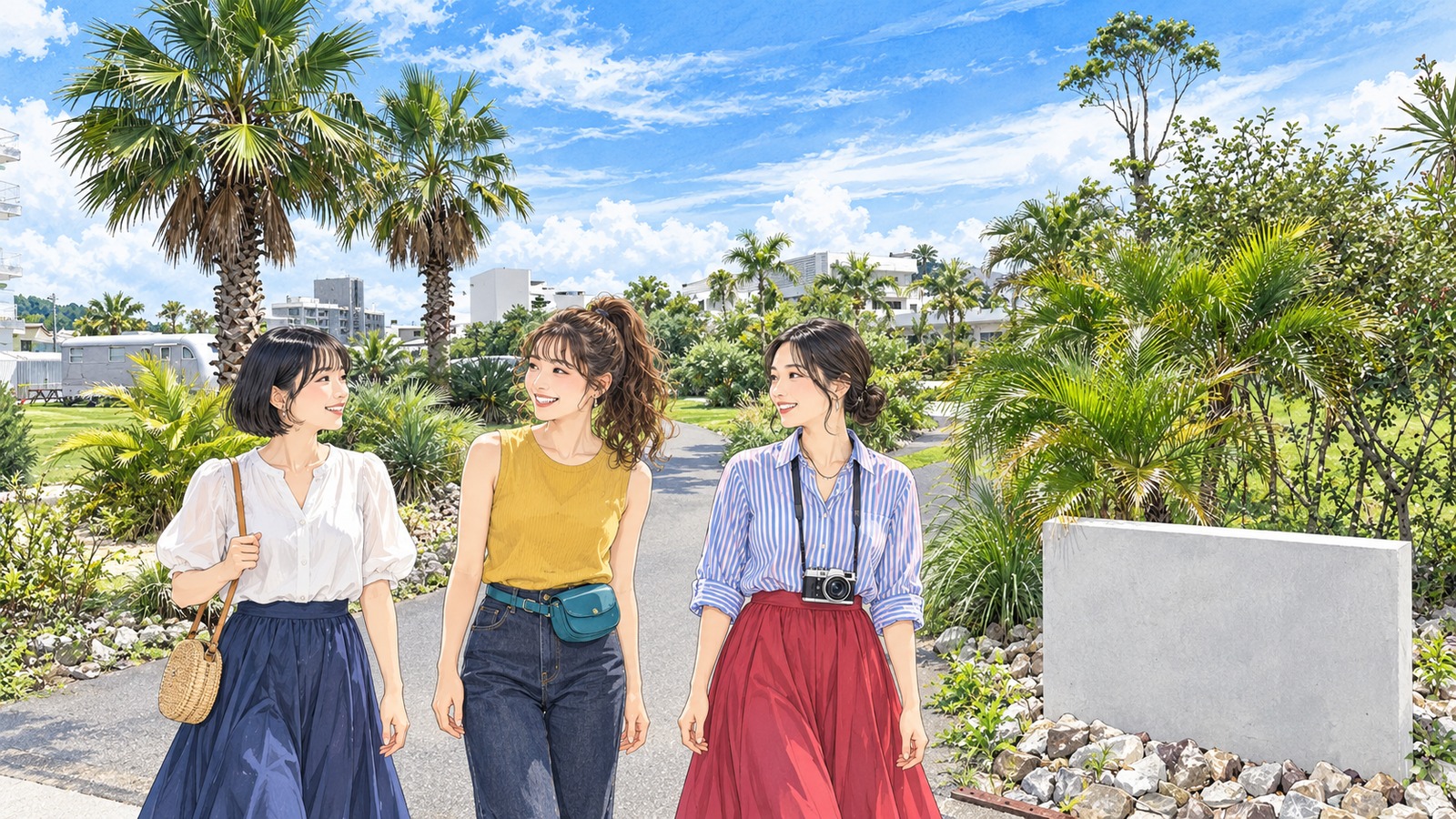 青島ビーチビレッジの海沿いの建物を眺めるイラスト