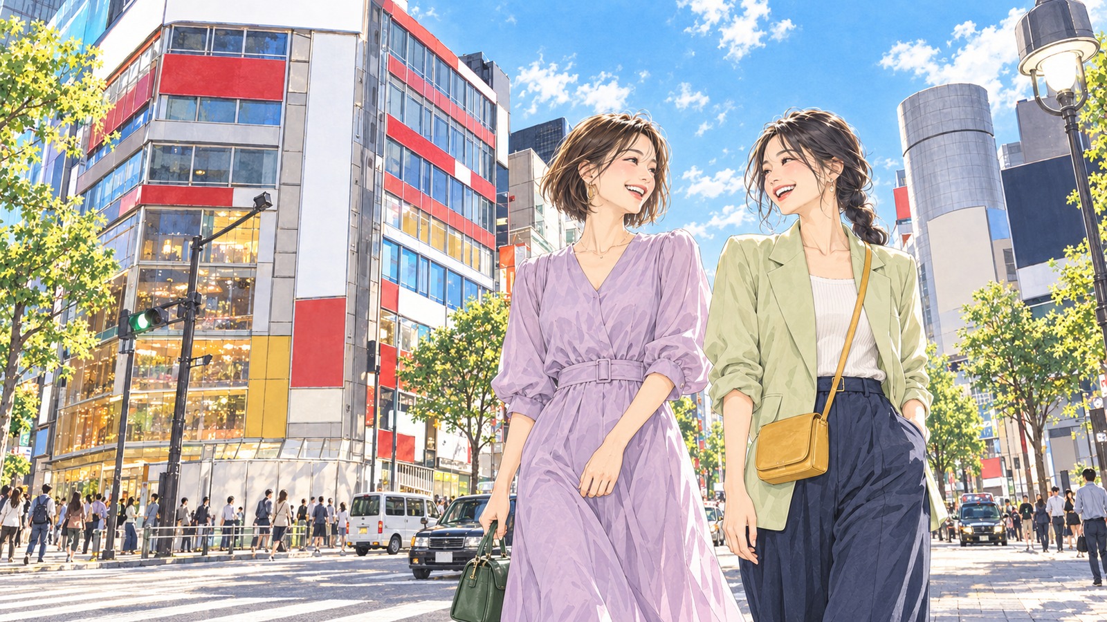 渋谷の街並みを楽しみながら歩く二人の女性のイラスト