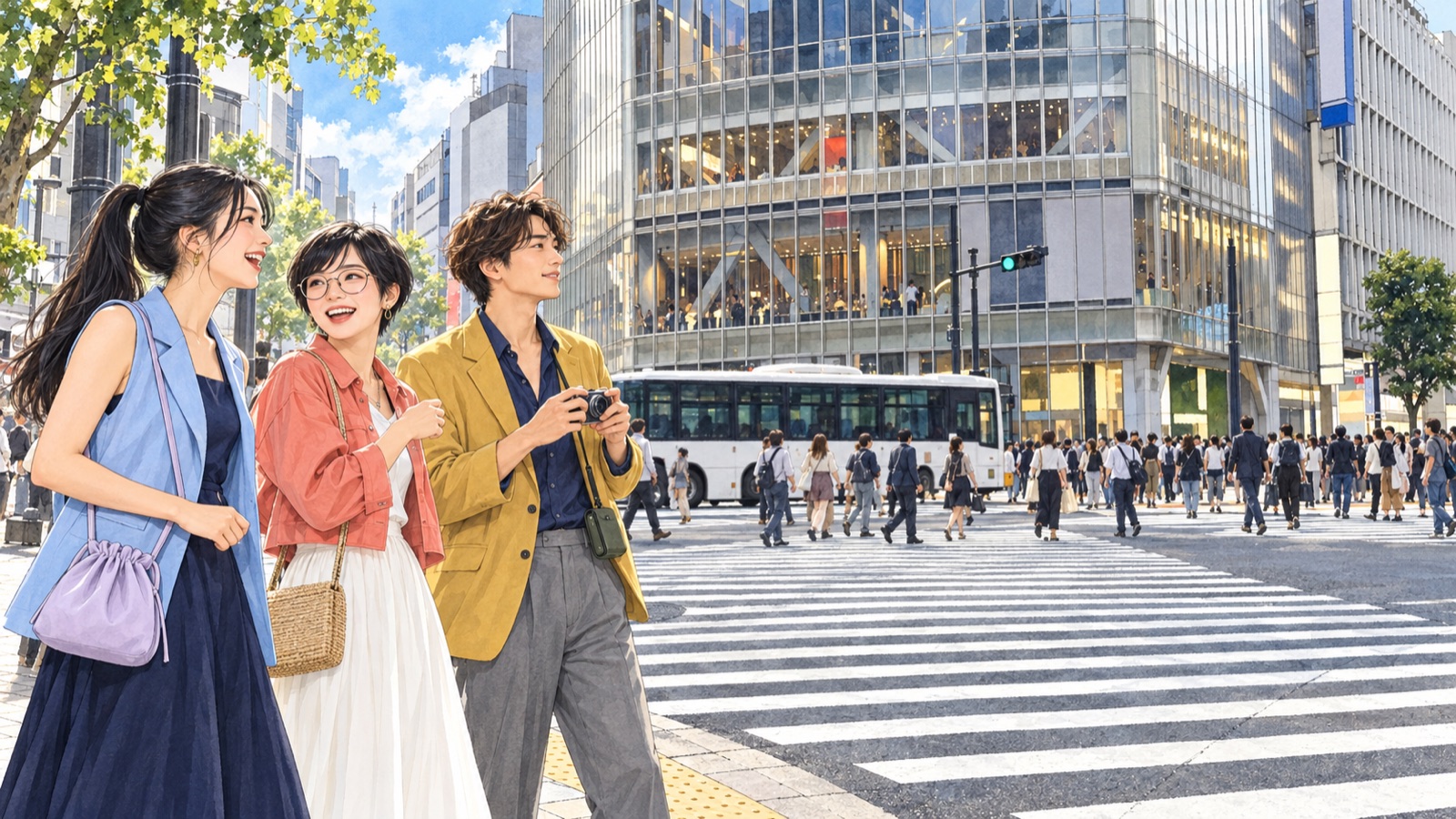 渋谷スクランブル交差点を歩道から眺める三人の男女のイラスト