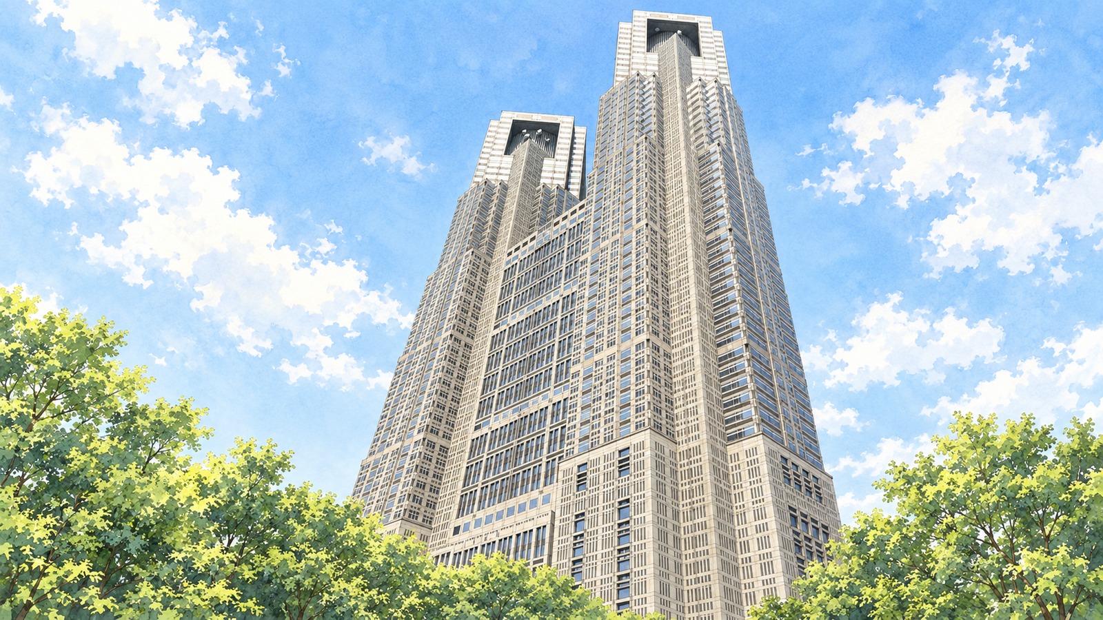 新宿の東京都庁の双塔を見上げるイラスト