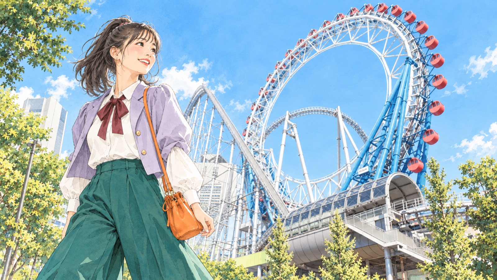 東京ドームシティの屋外を歩く女性のイラスト