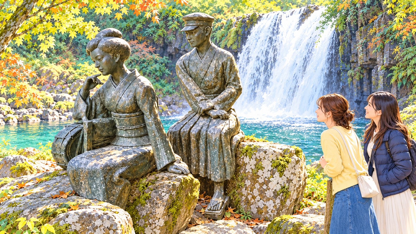 Illustration of the bronze Dancing Girl and student beside Shokei Falls in Kawazu, with two women looking on.