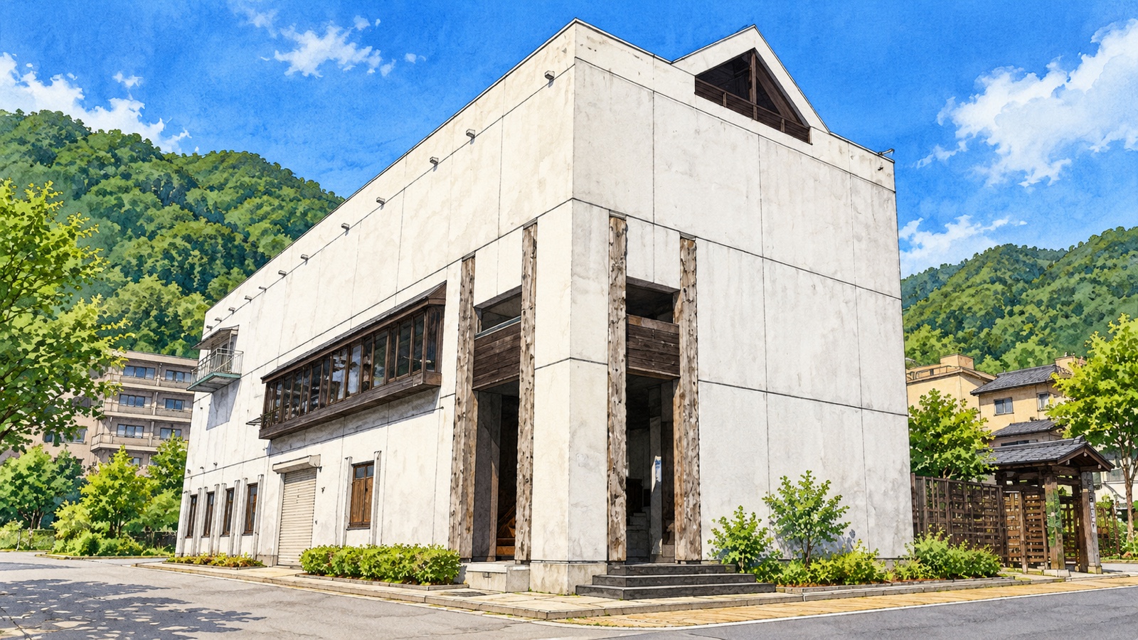 白い壁、石を用いた高い入口、三角屋根のある雪国館の外観