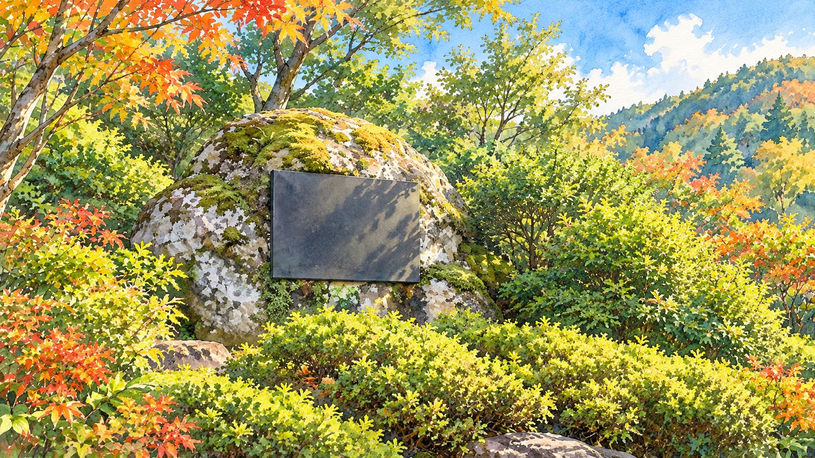 木々と植栽に囲まれた、黒い銅板を付けた湯ヶ野の大きな文学碑のイラスト