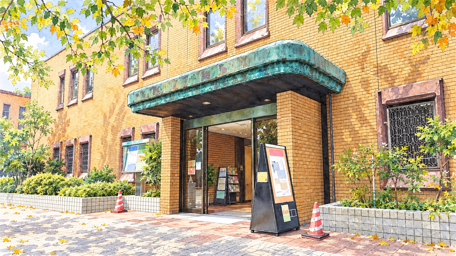黄土色のレンガ壁と緑青色の丸みを帯びた庇が特徴の川端康成文学館入口