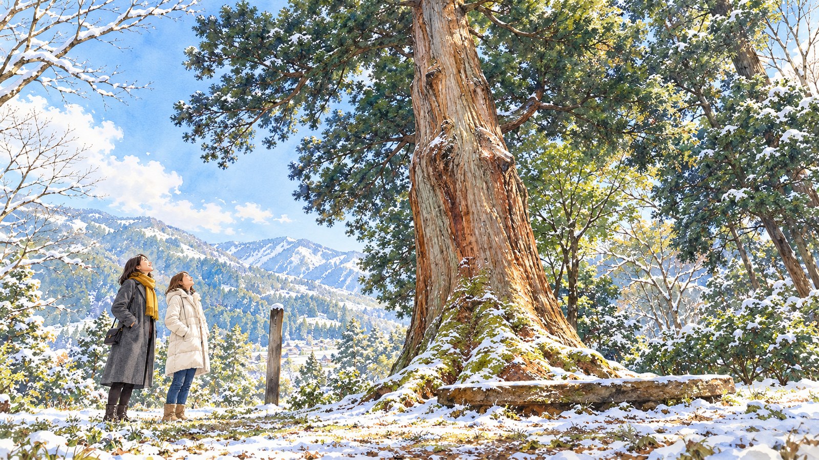 初雪の積もる諏訪社の境内で、大杉を見上げる二人の女性のイラスト