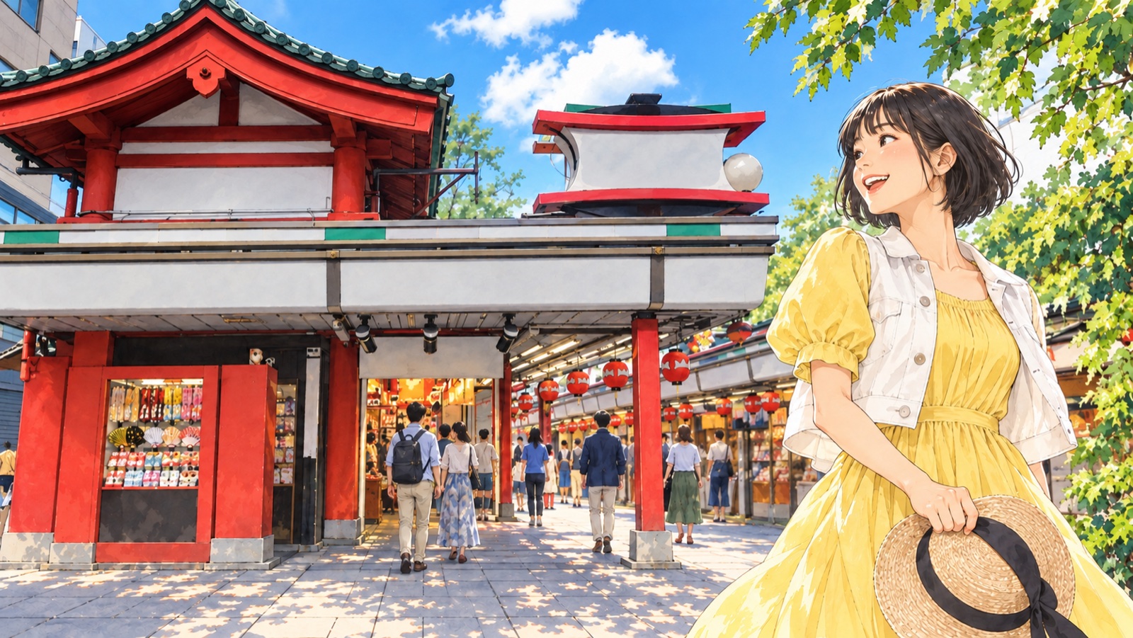仲見世の入口で街並みを楽しむ女性のイラスト