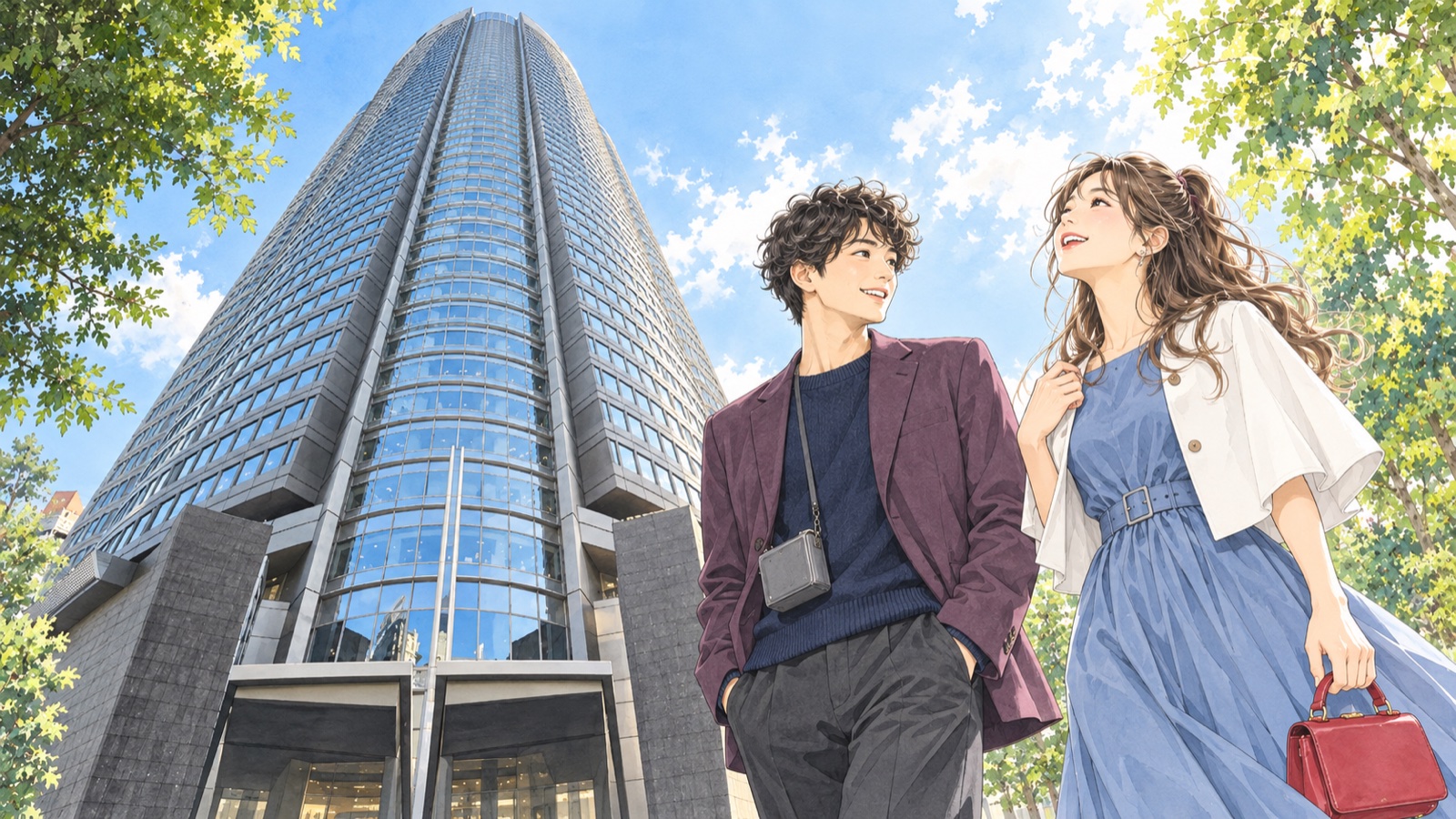 六本木ヒルズ森タワーを訪ねる二人のイラスト