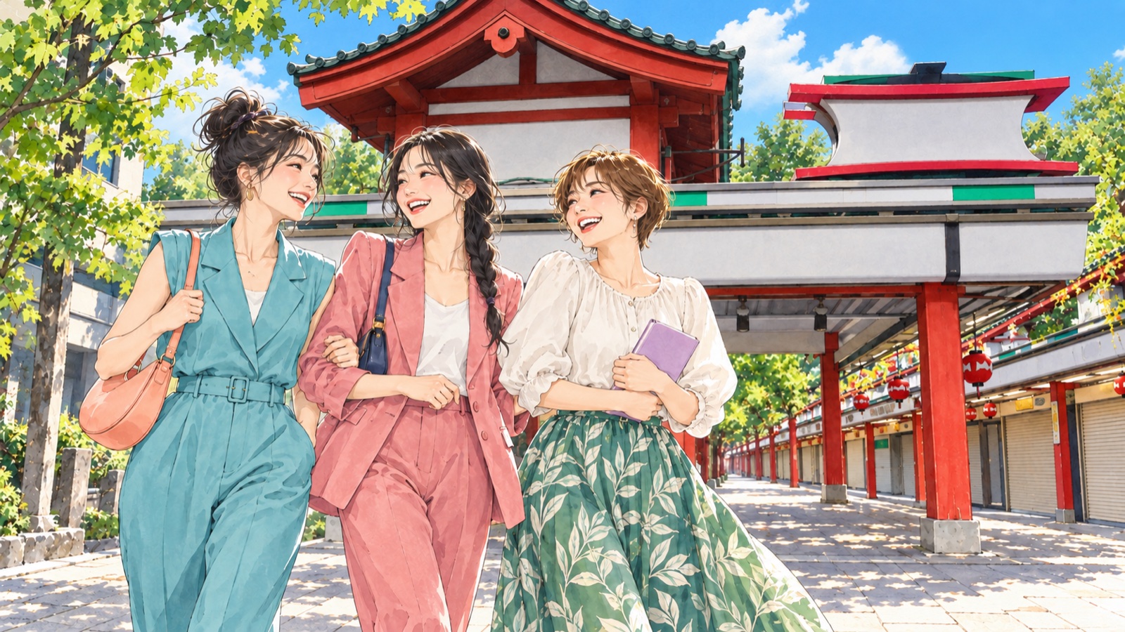 浅草の仲見世を訪ねる三人の女性のイラスト