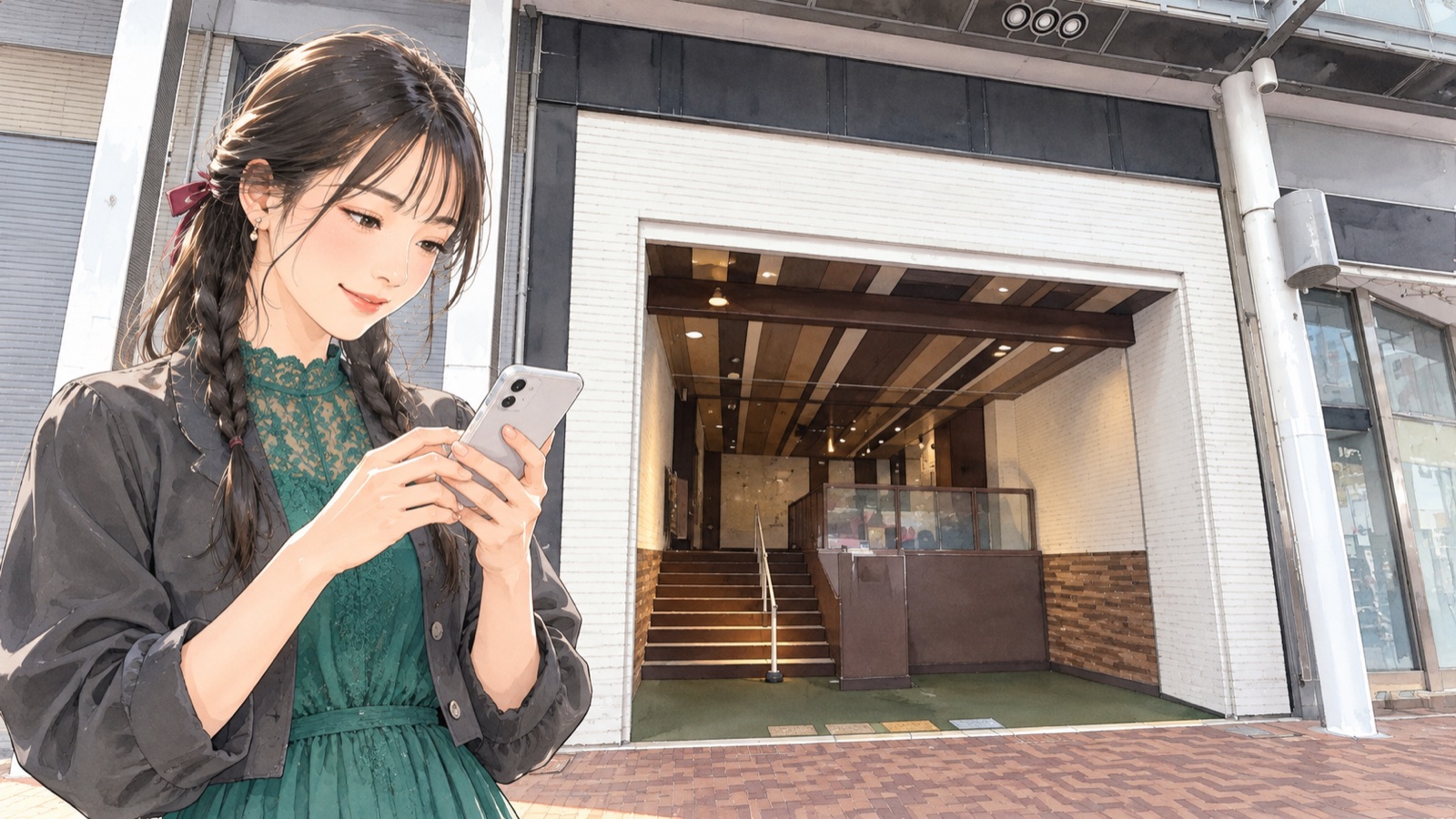 ufotable CINEMAの外でスマートフォンを見る編み髪の女性のイラスト