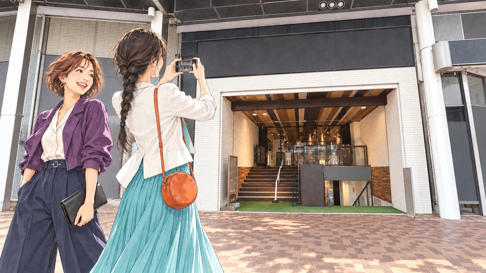 徳島のufotable CINEMAの外で写真を撮る二人の女性のイラスト