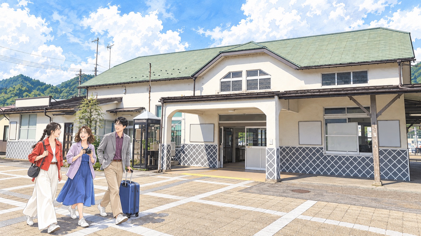 Illustration of three visitors in front of JR Hida-Furukawa Station