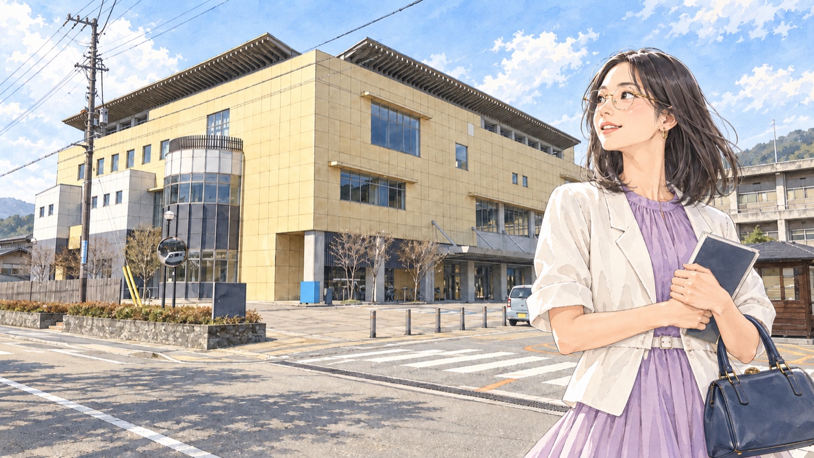 Illustration of a woman in glasses outside Hida City Library